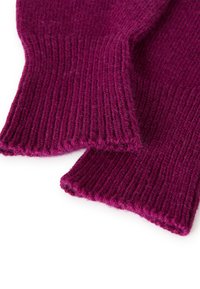 Guanti viola lavorati a maglia con texture a coste, realizzati in morbido materiale di lana e con finitura senza cuciture ai bordi.