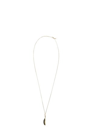 Złota naszyjnik z łańcuszkiem, ozdobiony zakrzywionym, muszlowym wisiorkiem o ciemnej, teksturowanej powierzchni. Prosty design, idealny do noszenia na wiele sposobów lub samodzielnie.