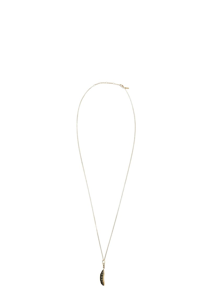 Zlatý řetízek s náhrdelníkem, který má zakřivený, skořepinový přívěsek s tmavým texturovaným povrchem. Jednoduchý design, vhodný pro nošení v několika vrstvách nebo jako samostatný kousek.