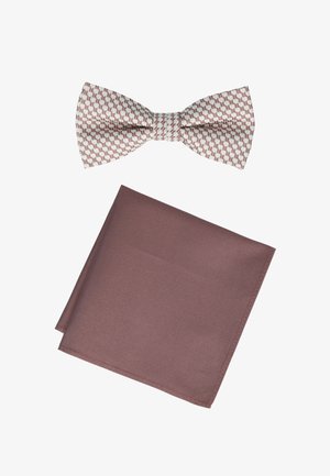 Light pink and white patterned bow tie paired with solid dusty rose folded pocket square on white background.