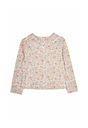 Blouse à manches longues avec col Claudine, dotée d'un motif floral multicolore dense aux tons orange, bleu, rose et marron.