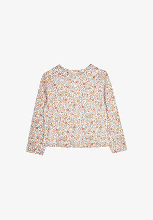 Blouse à manches longues avec col Claudine, dotée d'un motif floral multicolore dense aux tons orange, bleu, rose et marron.