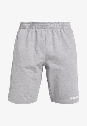Lichtgrijze katoenen shorts met een elastische tailleband, zijzakken en een wit logo op het onderste deel van het linkerpoot. Soepele textuur.