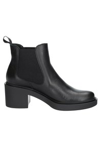 Stivaletto nero in pelle con pannelli elastici laterali e punta tonda. Caratterizzato da un tacco a blocco chunky e un comodo anello sul retro per estrarlo.