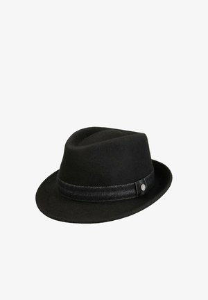 Black fedora hat with a short brim and a textured black band featuring a small round metallic button on the side.