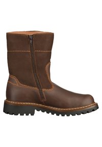 Bota de tobillo de cuero marrón con cremallera lateral, costuras naranjas y suela rugosa. Acabado suave con una sección superior de tejido texturizado.