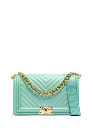 Mint green quilted leather handbag with a gold chain strap and a detachable fabric shoulder strap. Features a gold clasp closure.
