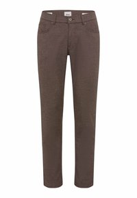 Braune Stoffhosen mit schmaler Passform, ausgestattet mit Vorder- und Gesäßtaschen, einem Reißverschluss und einem Knopfverschluss. Strukturierter Stoff.