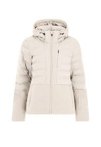 Pufferjack in lichtbeige, met een capuchon, ritssluiting aan de voorkant en een gewatteerde textuur. Inclusief zij- en borstzakken met elegante accenten.