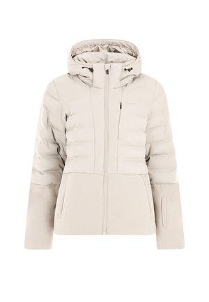 Pufová bunda v svetlo béžovej farbe, so šiltom, predným zipsom a prešívanou textúrou. Obsahuje bočné a hrudníkové vrecká s elegantnými akcentmi.