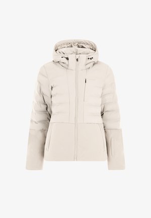 Puffermantel in hellem Beige, mit Kapuze, Reißverschluss vorne und gestepptem Design. Enthält seitliche und Brusttaschen mit eleganten Akzenten.