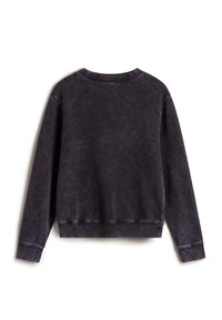 Felpa viola scuro con vestibilità rilassata, maniche lunghe, polsini e orlo a coste, con una texture sbiadita e dettagli di cucitura minimi.