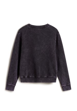 Dark purple sweatshirt featuring a relaxed fit, long sleeves, ribbed cuffs and hem, with a faded texture and minimal stitching details.