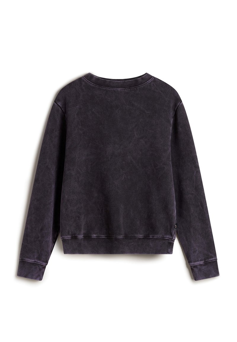 Felpa viola scuro con vestibilità rilassata, maniche lunghe, polsini e orlo a coste, con una texture sbiadita e dettagli di cucitura minimi.