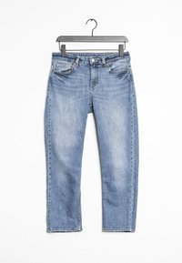 Jeans in denim blu chiaro con design a gamba dritta, dotati di tasche frontali, chiusura con bottone in metallo e dettagli di cucitura a vista.