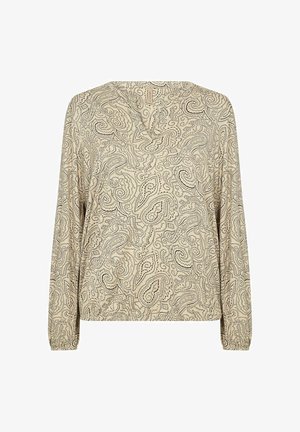 Světle béžový dlhý rukáv s čiernym paisley vzorom, výstrihom do V a elastickými manžetami pre voľný strih. Mäkka textúra látky.