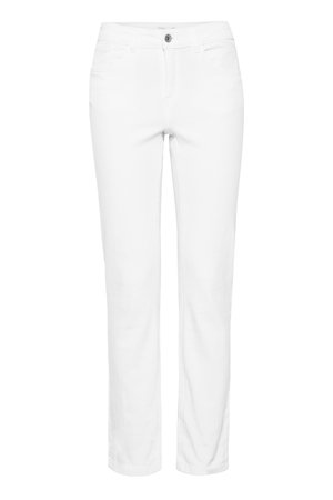 Pantalon blanc à jambes droites avec fermeture devant par bouton et zip, poches avant et passants de ceinture, présenté sur un fond uni.