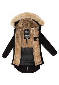 Zwarte parka jas met faux fur voering en capuchon. Beschikt over een gebreide, gewatteerde binnenkant en een label aan de binnenzijde. Zachte textuur, warm ontwerp.