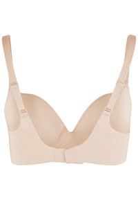 Lichtgewicht, beige bh met een diepe V-vorm, gladde stof, verstelbare bandjes en haak-en-oogsluiting op de rug. Geen padding of versieringen.