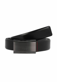 Black leather belt with a glossy rectangular black metal buckle. Features red stitching along the edge, smooth texture, and sleek design.