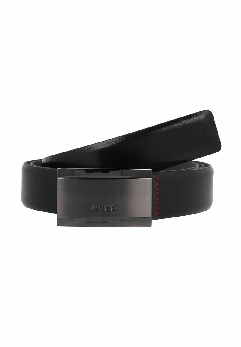 Black leather belt with a glossy rectangular black metal buckle. Features red stitching along the edge, smooth texture, and sleek design.