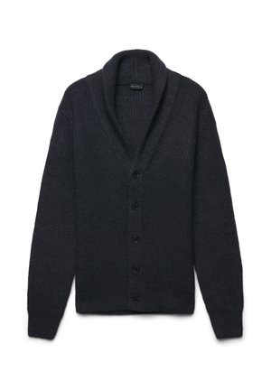 Cardigan grigio scuro, con chiusura a bottoni sul davanti, colletto a scialle, texture a costine, maniche lunghe, realizzato in materiale morbido, con bottoni neri.