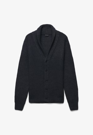 Dunkelgrauer Cardigan, geknöpfter Vorderteil, Schalkragen, gerippte Textur, lange Ärmel, aus weichem Material, mit schwarzen Knöpfen.