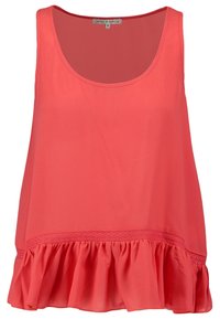 Korallfärgad ärmlös topp i lätt tyg, med en utfläkt volang i fållen och en delikat spetsdetalj för extra stil.