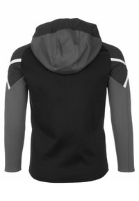 Veste à capuche en tissu sweat noir et gris foncé, avec des accents texturés aux épaules et une finition lisse, présentant un design complet au dos.