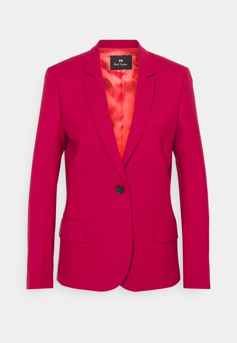 Veste ajustée rose vif avec un seul bouton noir, revers crantés, poches à rabat et doublure intérieure en satin rouge, vue de face.