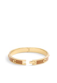 Gold-tone cuff bracelet featuring a smooth brown resin inlay and small decorative accents. Sleek shape with a hinged closure.