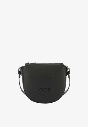 Borsa a tracolla in pelle nera con una texture liscia, forma arrotondata, chiusura con zip e logo in rilievo "JOOP! JEANS" sul davanti.