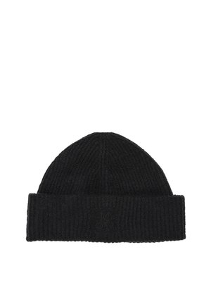 Bonnet en tricot côtelé noir avec revers plié et lettres embossées discrètes au centre avant du revers.