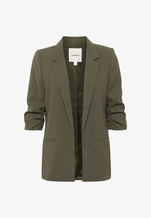 Olive green blazer with a structured design, soft fabric, and ruched sleeves. Features a notched lapel and two front pockets. Open front.