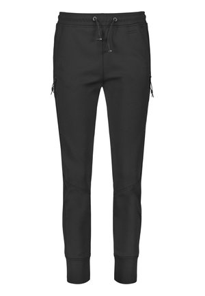 Schwarze, zulaufende Jogginghosen mit Kordelzugbund, seitlichen Reißverschlusstaschen und gerippten Bündchen an den Knöcheln.