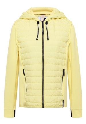 Jasnożółta kurtka z kapturem zapinana na zamek, z pikowanym przednim panelem, czarnym zamkiem błyskawicznym i sznureczkami oraz zamykanymi na zamek bocznymi kieszeniami.