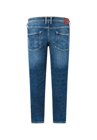 Dark blue denim jeans with a faded wash, five pockets, and a leather patch on the back waistband; slim fit design.