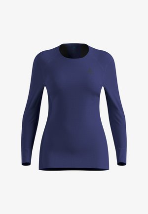 Long-sleeve, round-neck purple top made of stretchy fabric with black accents and a small logo on the chest. Smooth texture and fitted design.