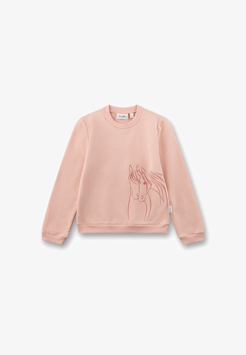 Pink sweatshirt made from soft fabric featuring a minimalist embroidered horse design on the front, with ribbed cuffs and neckline.