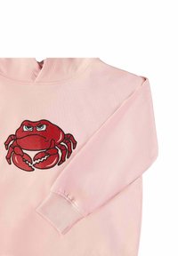 Light pink hoodie, featuring a red embroidered crab design on the front. Soft fabric, ribbed cuffs, and a classic pullover style.