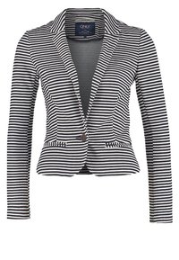 Gestreept colbert in marineblauw en wit, met een reverskraag, enkele knoopsluiting en twee voorkanten met zakken. Gemaakt van een zachte, gestructureerde stof.