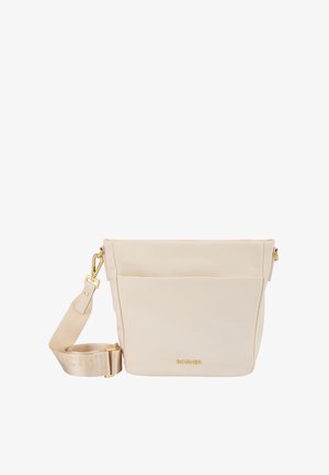 Borsa a tracolla beige con finitura liscia e opaca, logo tono oro, tracolla regolabile e tasca frontale per riporre oggetti.