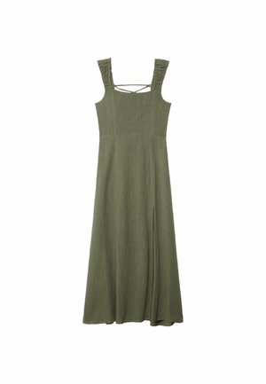 Abito maxi senza maniche verde oliva con spalline arricciate testurizzate e scollatura quadrata; presenta uno spacco laterale per facilitare i movimenti.
