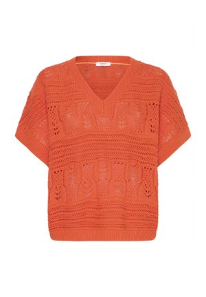 Pull en maille orange à manches courtes avec encolure en V et motif en dentelle florale sur toute la surface.