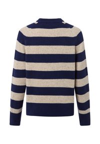 Gestreifter Pullover mit horizontalen Bändern in Marineblau und Creme. Strickstoff mit gerippten Bündchen und Saum, runder Halsausschnitt, normale Passform.