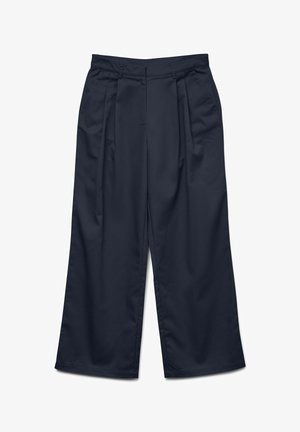 Navy plašas bikses, kas izgatavotas no gludas auduma, ar svītrām priekšpusē, vidēja augstuma vidukli un bez redzamām detaļām vai rotājumiem.