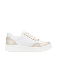 White sneaker with metallic gold accents, smooth leather upper, perforated toe, and a thick white rubber sole. Classic lace-up design.