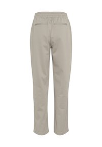 Pantaloni sportivi grigi chiari con vita regolabile, polsini elasticizzati e due tasche posteriori. Tessuto liscio con una sottile texture.