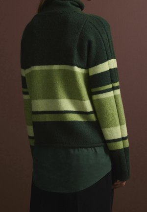 Grüner, gestreifter Strickpullover mit hohem Kragen, der verschiedene Grüntöne und cremefarbene Streifen aufweist und eine glatte dunkelgrüne Unterschicht hat.