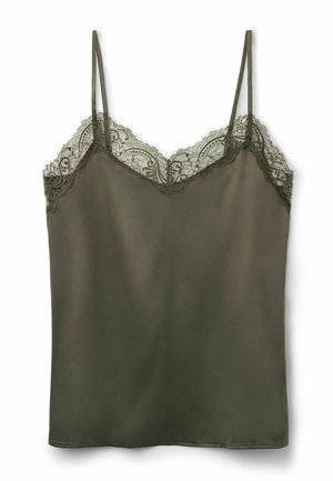 Oliwkowa koszulka na ramiączkach z lekkiego materiału, z delikatną koronkową lamówką przy dekolcie i regulowanymi cienkimi ramiączkami.